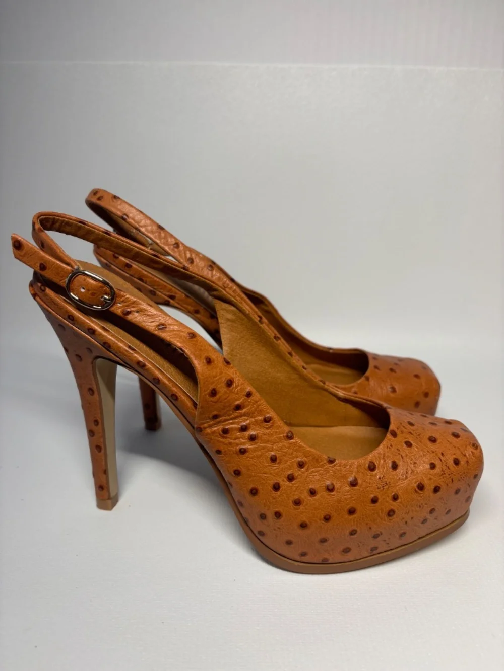 La Victoire Ostrich Embossed Leather Platform Slingback Heels Brown Size 6